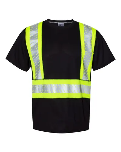 Kishigo B200B204 Unisex EV Series® Enhanced Visibility Contrast Pocket T-Shirt in Black/ Lime - B200 — blank t-shirt, front view