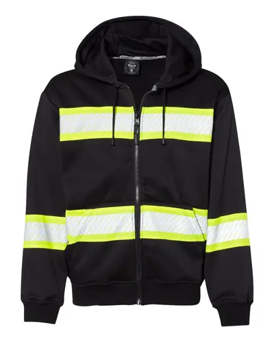 Kishigo B310313 Men's EV Series® Enhanced Visibility Full-Zip Hooded Sweatshirt in Black/ Lime — blank hooded sweatshirt, front view
