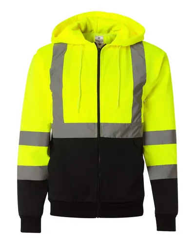 Kishigo JS102103 Unisex Hi-Vis Full-Zip Hooded Sweatshirt in Lime — blank hooded sweatshirt, front view