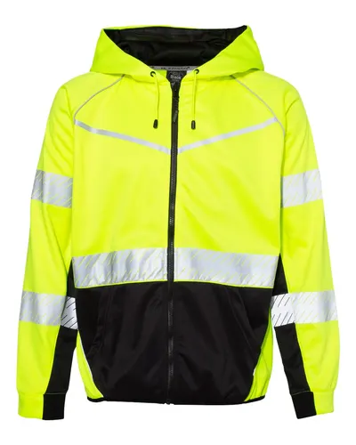 Kishigo JS150 Unisex Premium Black Series® Full-Zip Hooded Sweatshirt in Lime — blank hooded sweatshirt, front view