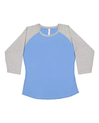 LAT 3530 Women's Baseball Fine Jersey Three-Quarter Sleeve Tee in Carolina Blue/ Vintage Heather — blank t-shirt, front view