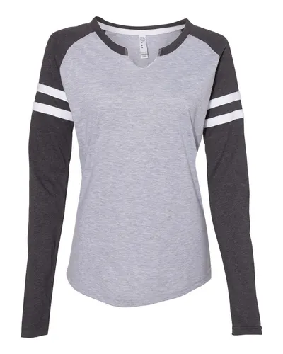LAT 3534 Women's Fine Jersey Mash Up Long Sleeve T-Shirt in Vintage Heather/ Vintage Navy — blank long sleeve tee, front view