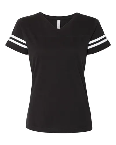 LAT 3537 Women's Football V-Neck Fine Jersey Tee in Black Solid/ White — blank t-shirt, front view