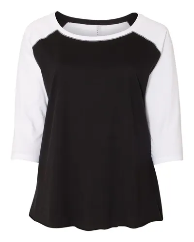 LAT 3830 Women's Curvy Collection Baseball Three-Quarter Sleeve Tee in Black/ White — blank t-shirt, front view