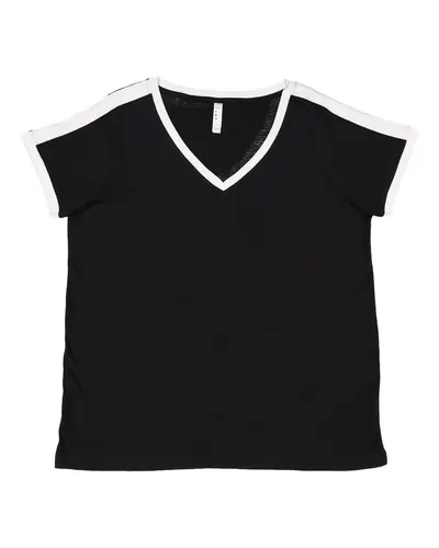 LAT 3832 Women's Curvy Retro Ringer Premium Jersey V-Neck Tee in Black/ White — blank t-shirt, front view