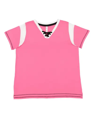 LAT 3833 Women's Curvy Lace Up Fine Jersey Tee in Hot Pink/ White/ Black — blank t-shirt, front view
