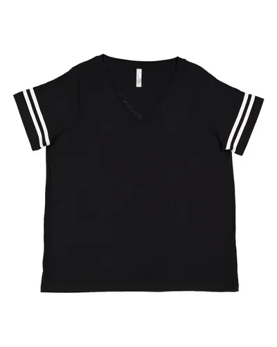 LAT 3837 Women's Curvy Collection Vintage Football Tee in Black Solid/ White — blank t-shirt, front view