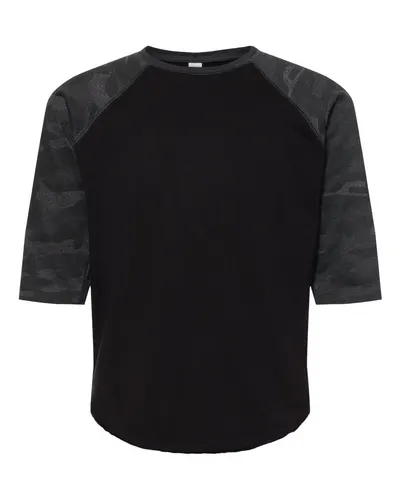 LAT 6130 Youth Baseball Fine Jersey Three-Quarter Sleeve Tee in Black/ Storm Camo — blank t-shirt, front view