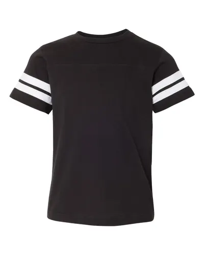 LAT 6137 Youth Football Fine Jersey Tee in Black Solid/ White — blank t-shirt, front view
