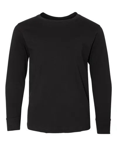 LAT 6201 Youth Fine Jersey Long Sleeve Tee in Black — blank long sleeve tee, front view