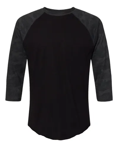 LAT 6930 Unisex Baseball Fine Jersey Three-Quarter Sleeve Tee in Black/ Storm Camo — blank t-shirt, front view