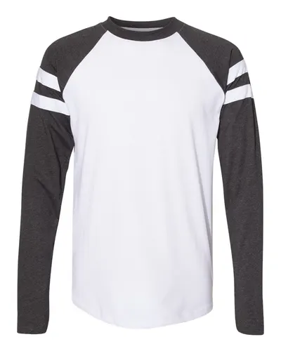 LAT 6934 Unisex Fine Jersey Mash Up Long Sleeve Tee in Blended White/ Vintage Smoke — blank long sleeve tee, front view
