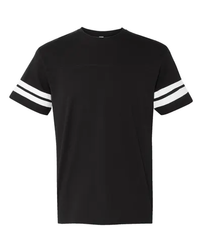 LAT 6937 Unisex Football Fine Jersey Tee in Black Solid/ White — blank t-shirt, front view