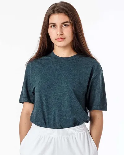 Los Angeles Apparel FF01 Unisex USA-Made 50/50 Poly/Cotton T-Shirt in Black Aqua — blank t-shirt, front view