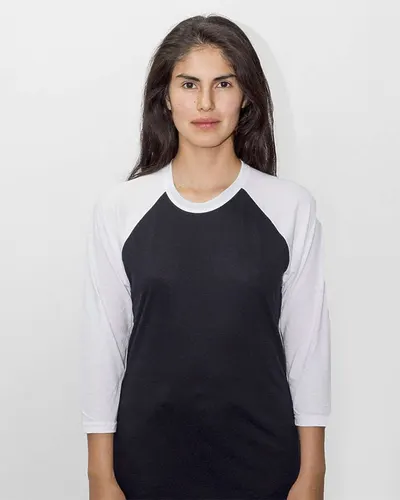 Los Angeles Apparel FF53 Unisex USA-Made Three-Quarter Sleeve Raglan Baseball T-Shirt in Black/ White — blank t-shirt, front view