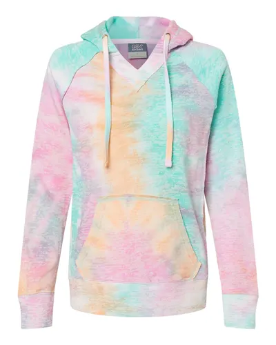 MV Sport W1162 Women’s Courtney Burnout V-Notch Hooded Sweatshirt in Rainbow Sorbet — blank hooded sweatshirt, front view