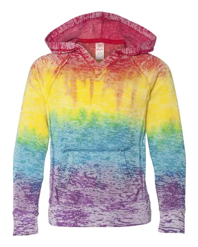 MV Sport W1162Y Girls’ Courtney Burnout V-Notch Hooded Sweatshirt in Rainbow Stripe — blank hooded sweatshirt, front view