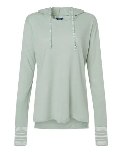 MV Sport W19439 Women's Heathered Jersey Hooded Tunic in Greenstone — blank hooded sweatshirt, front view