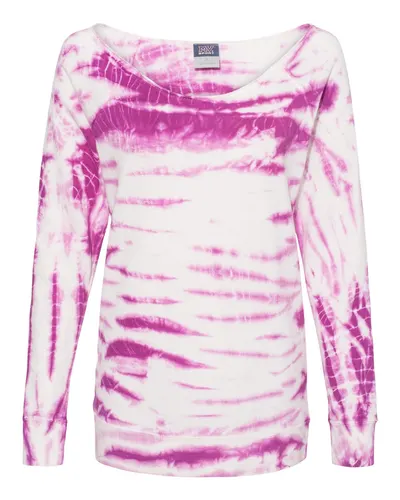 MV Sport W20173 Women's French Terry Off-the-Shoulder Tie-Dyed Sweatshirt in Dragonfruit — blank crewneck sweatshirt, front view