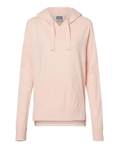 MV Sport W21404 Women's Sueded Jersey Hooded Sweatshirt in Cameo Pink — blank hooded sweatshirt, front view