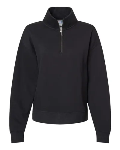 MV Sport W22713 Women's Sueded Fleece Quarter-Zip Sweatshirt in Black — blank crewneck sweatshirt, front view