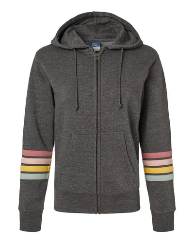 MV Sport W22732 Women's Striped Sleeves Full-Zip Hooded Sweatshirt in Charcoal — blank hooded sweatshirt, front view