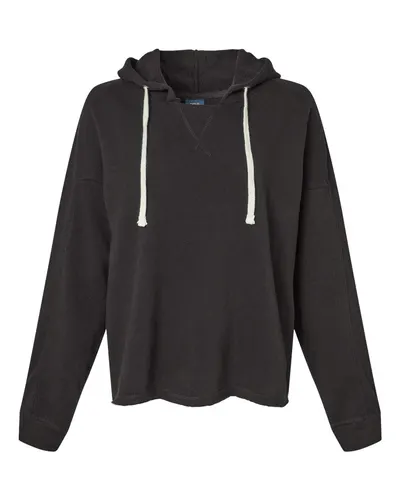 MV Sport W23101 Women's Angel Fleece Crop Hooded Sweatshirt in Black — blank hooded sweatshirt, front view