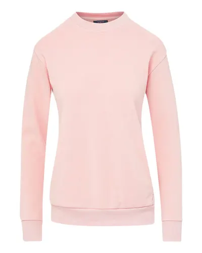 MV Sport W23140 Women's Raelynn Cloud Fleece Crewneck Sweatshirt in Cameo Pink — blank crewneck sweatshirt, front view
