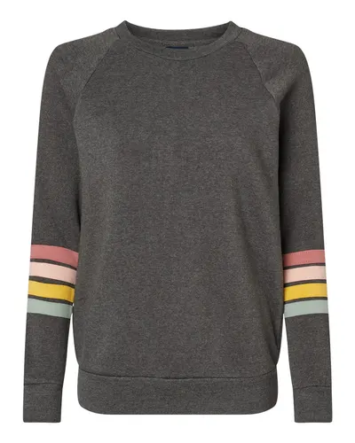 MV Sport W23152 Women's Striped Sleeves Crewneck Sweatshirt in Charcoal — blank crewneck sweatshirt, front view