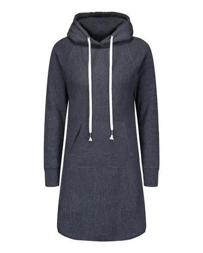 MV Sport W2340 Women's Suzie Hooded Sweatshirt Dress in Navy Heather — blank hooded sweatshirt, front view