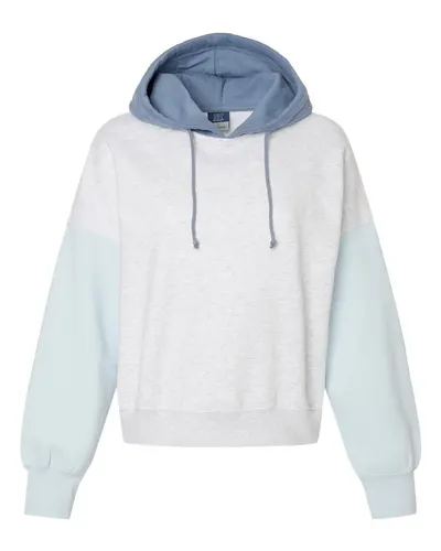 MV Sport W23716 Women's Sueded Fleece Colorblocked Crop Hooded Sweatshirt in Arctic Blue — blank hooded sweatshirt, front view