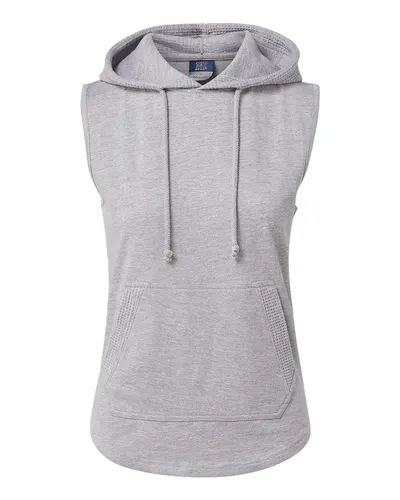 MV Sport W24131 Women's Kinsley Sleeveless Hooded Sweatshirt in Heather Grey — blank hooded sweatshirt, front view