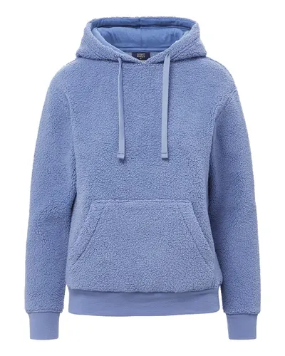 MV Sport W25122 Women's Starla Sherpa Hooded Pullover in Blue Iris — blank hooded sweatshirt, front view