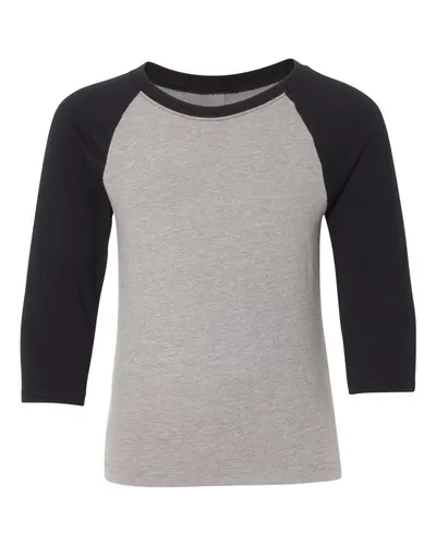 Next Level 3352 Youth CVC Three-Quarter Sleeve Raglan T-Shirt in Black Sleeves/ Dark Heather Grey Body — blank t-shirt, front view