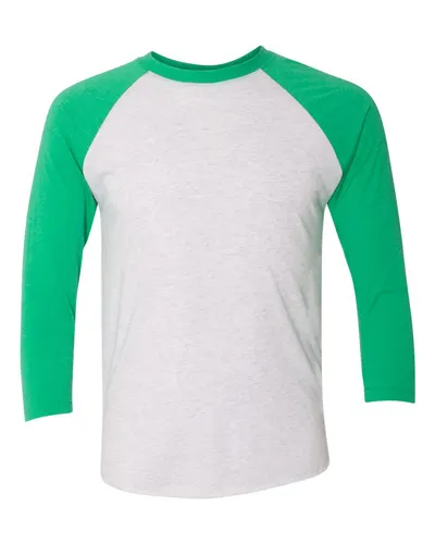 Next Level 6051 Unisex Triblend Three-Quarter Raglan T-Shirt in Envy Sleeves/ Heather White Body — blank t-shirt, front view