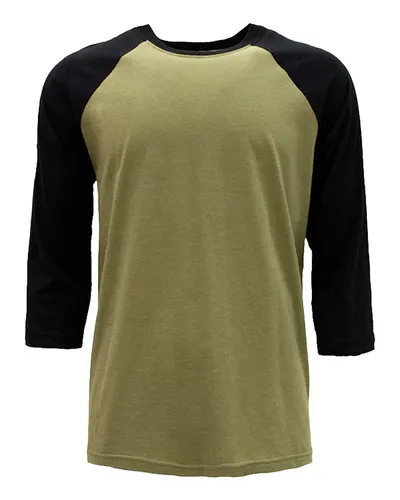 Next Level 6251 Unisex CVC Three-Quarter Sleeve Raglan T-Shirt in Black/ Olive — blank t-shirt, front view