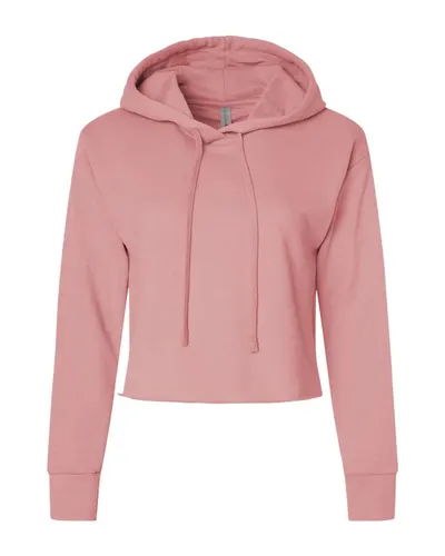 Next Level 9384 Women's Laguna Sueded Raw Edge Crop Hoodie Sweatshirt in Desert Pink — blank hooded sweatshirt, front view
