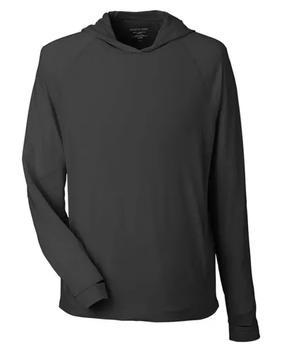 North End NE105 Unisex JAQ Stretch Performance Hooded Long Sleeve T-Shirt in Black — blank hooded sweatshirt, front view