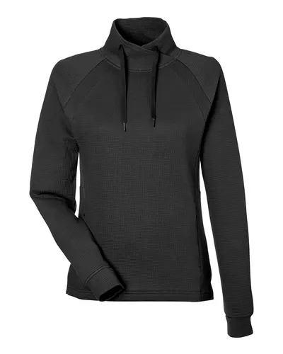 North End NE200W Women's Rhythm Waffle Cross-Neck Pullover in Black — blank garment, front view