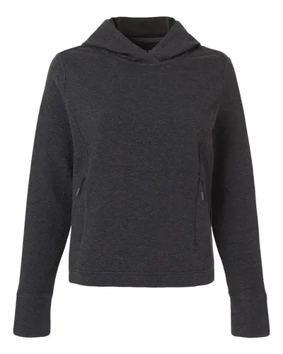 North End NE729W Women's Spirit Textured Hooded Pullover in Black Heather — blank hooded sweatshirt, front view