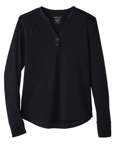 North End NW400W Women's JAQ Stretch Performance V-Neck Snap Pullover in Black — blank garment, front view