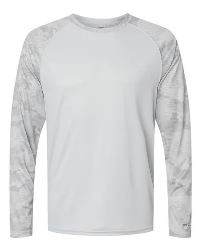 Paragon 216 Unisex Cayman Performance Camo Colorblocked Long Sleeve T-Shirt in Aluminum — blank long sleeve tee, front view
