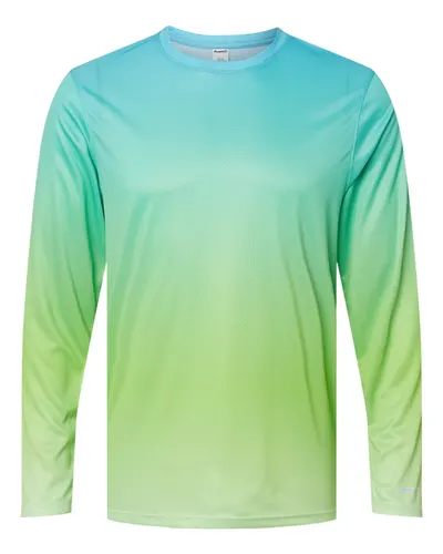 Paragon 225 Unisex Barbados Performance Pin Dot Long Sleeve T-Shirt in Aqua Blue/ Light Lime — blank long sleeve tee, front view