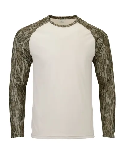 Paragon 236 Men's Jackson Mossy Oak Colorblocked Long Sleeve T-Shirt in Bottomland — blank long sleeve tee, front view