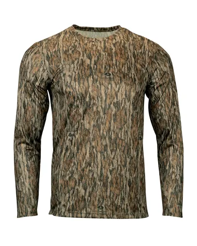 Paragon 237 Men's Oxford Performance Camo Print Long Sleeve T-Shirt in Bottomland — blank long sleeve tee, front view