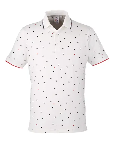 Puma Golf 537477 Men's Volition Skylight Patriotic Polo in Bright White/ Navy Blazer — blank polo, front view