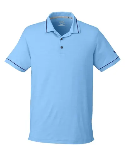 Puma Golf 599117 Men's Cloudspun Monarch Polo in Placid Blue Heather/ Navy Blazer — blank polo, front view