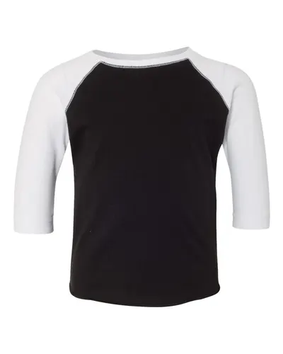 Rabbit Skins 3330 Toddler Baseball Fine Jersey Three-Quarter Sleeve Tee in Black Solid/ White — blank t-shirt, front view