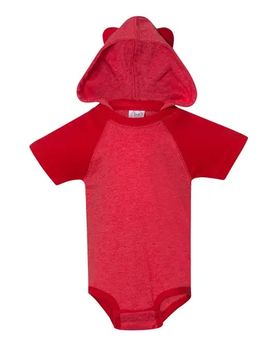 Rabbit Skins 4417 Infant Fine Jersey Raglan Bodysuit with Hood & Ears in Vintage Red/ Red — blank t-shirt, front view