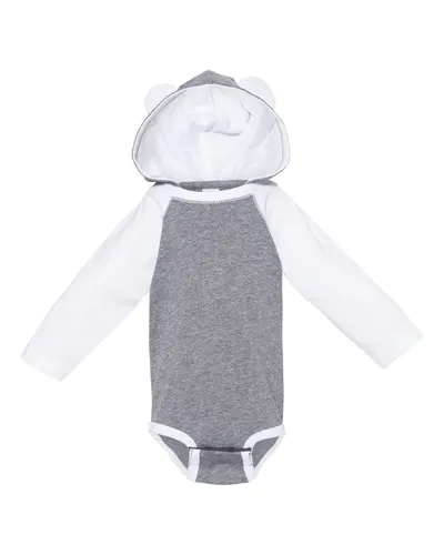 Rabbit Skins 4418 Infant Fine Jersey Character Hooded Long Sleeve Bodysuit with Ears in Granite Heather/ White — blank hooded sweatshirt, front view